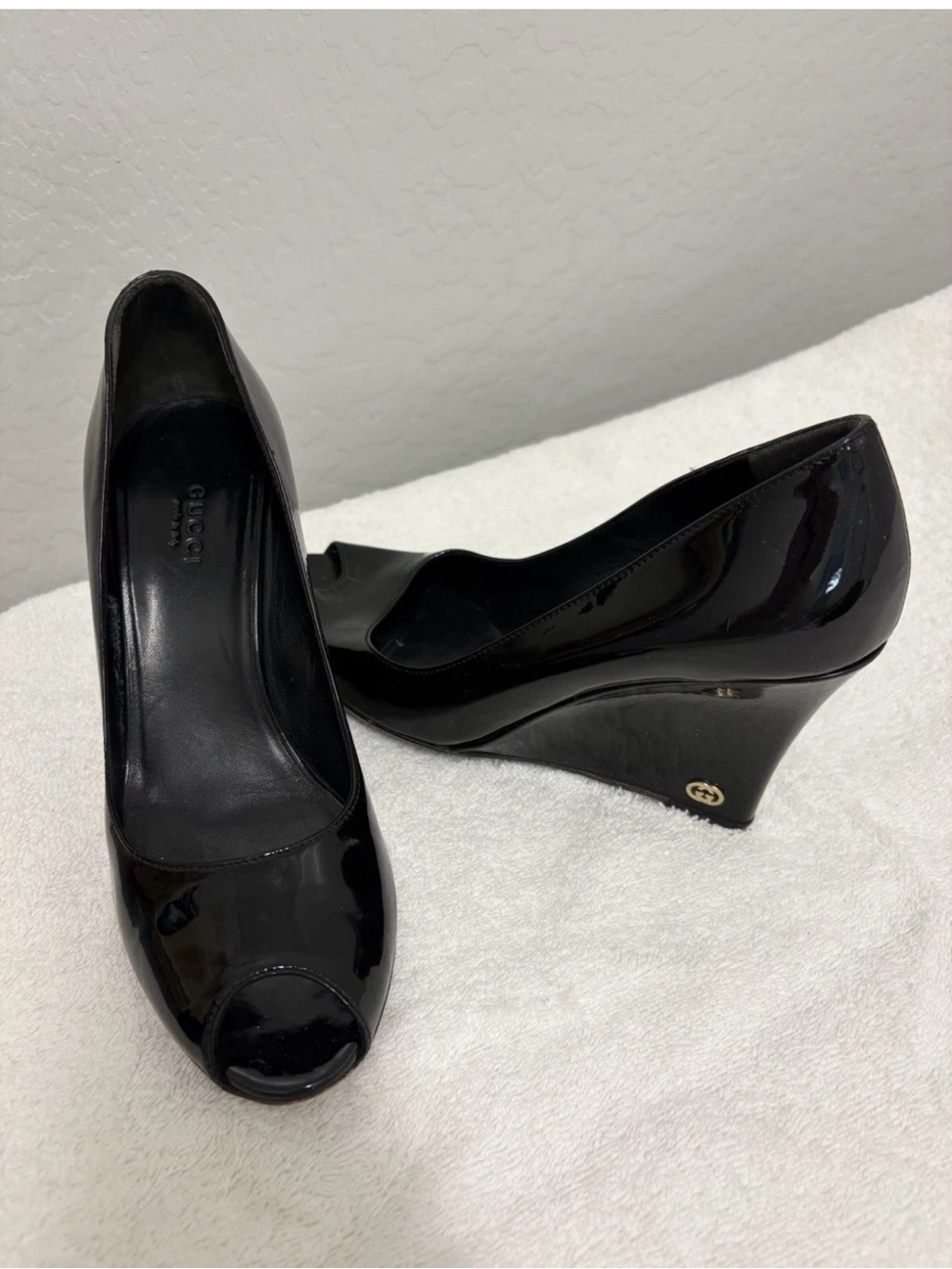 Gucci Black Patent Peep-Toe Wedge Pumps
